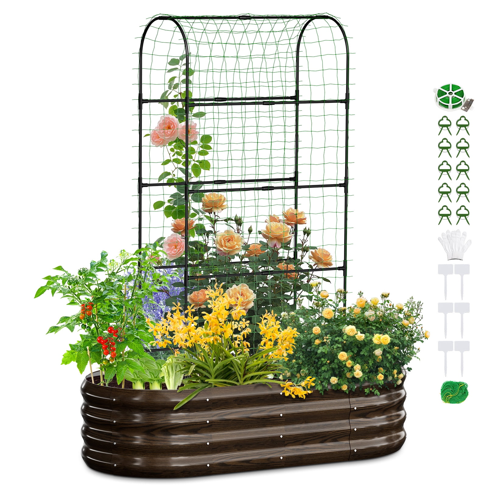 MOPHOTO 71inch Raised Garden Bed Arched Trellis Galvanized Planter Backyard Box Outdoor for Gardening,Climbing Vegetables,Plants,Flowers(Brown)