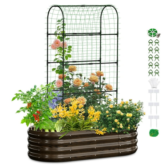 MOPHOTO 71inch Raised Garden Bed Arched Trellis Galvanized Planter Backyard Box Outdoor for Gardening,Climbing Vegetables,Plants,Flowers(Brown)