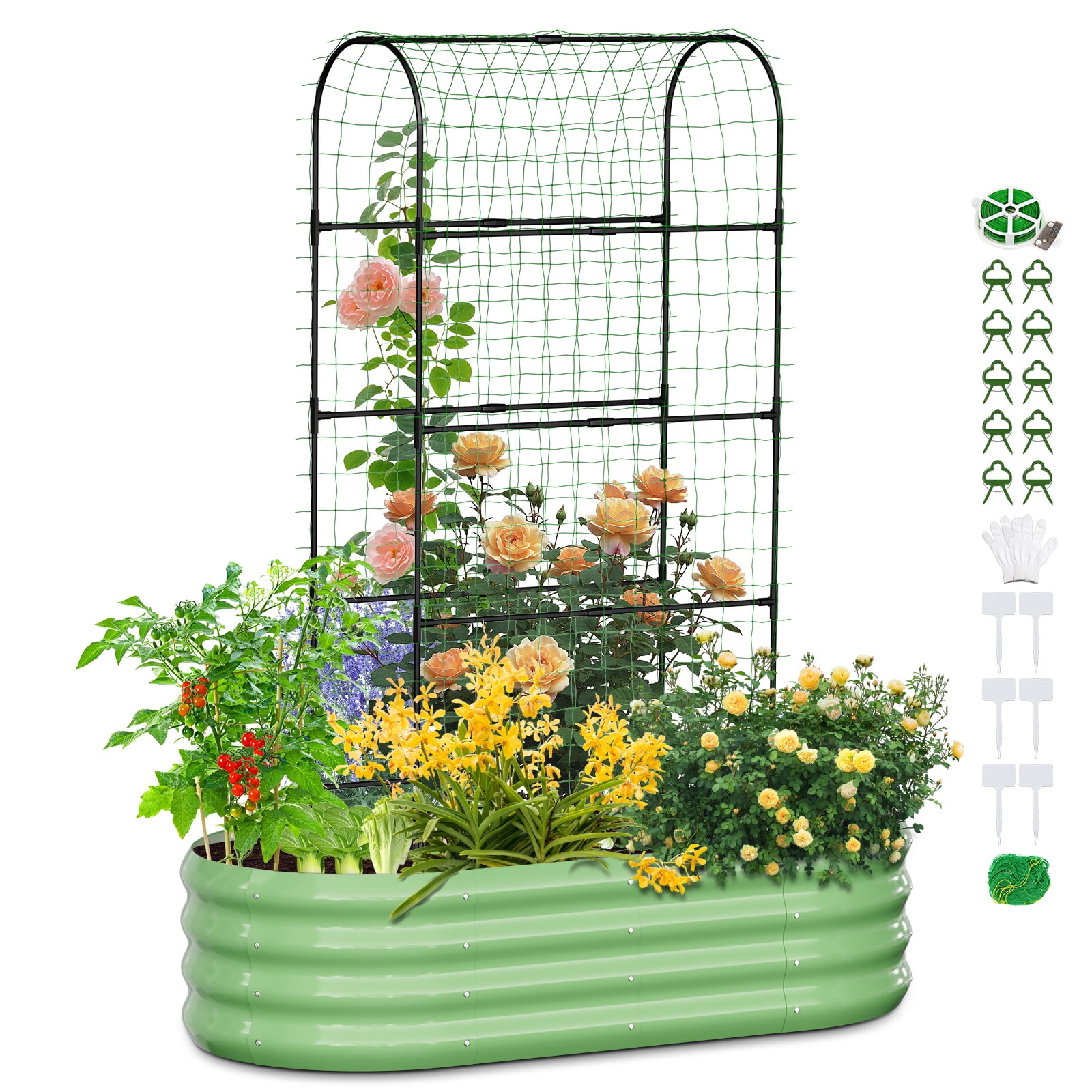 MOPHOTO 71inch Raised Garden Bed Arched Trellis Galvanized Planter Backyard Box Outdoor for Gardening,Climbing Vegetables,Plants,Flowers(Green)