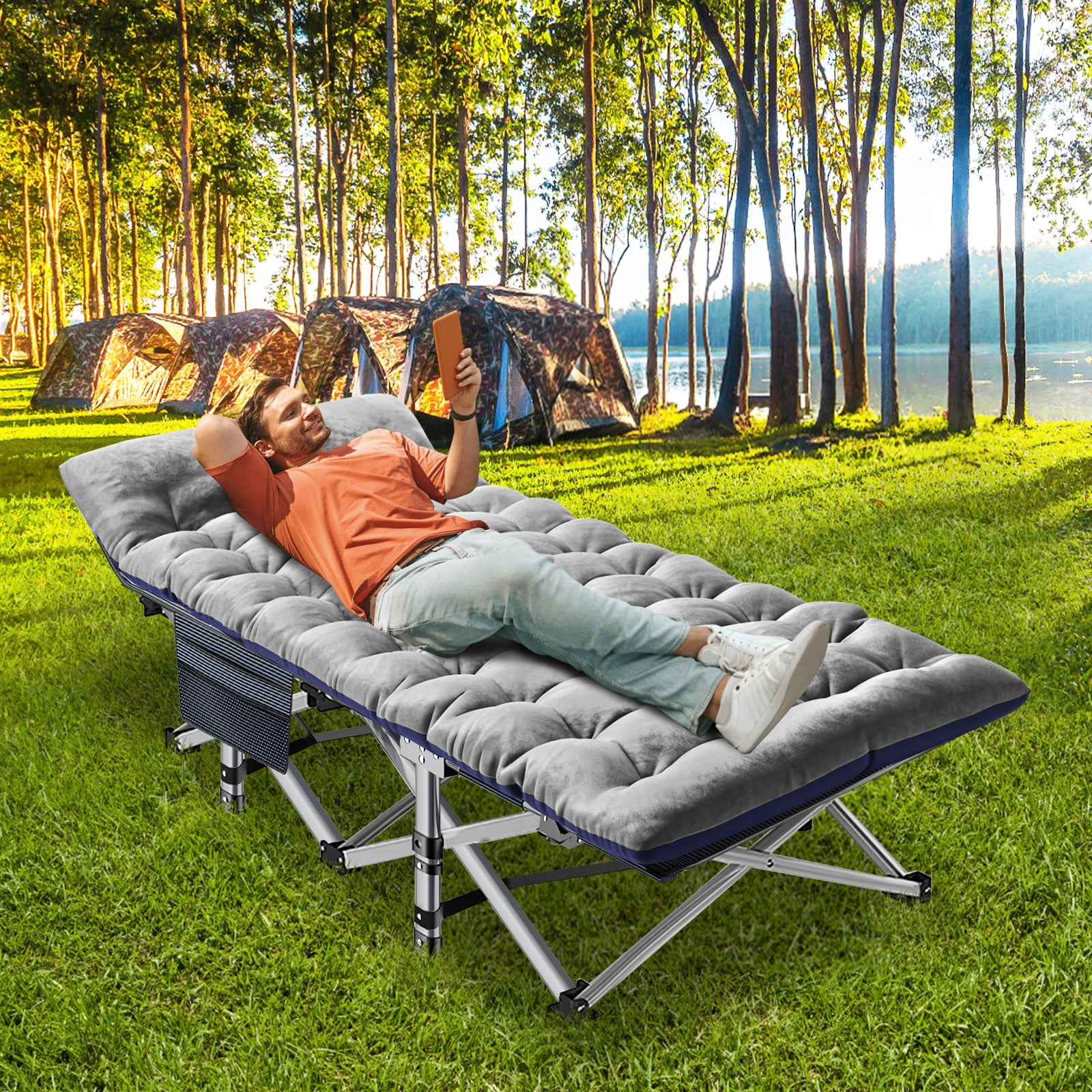 MOPHOTO 75 Adult Camping Cot Folding Cot Portable Heavy Duty Sleeping Bed Outdoor Patio Folding Lounge Chair with 4D Pillow and Mattress