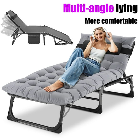 MOPHOTO Portable Folding Camping Cot, Adjustable 5-Position Adults Reclining Folding Chaise with Pillow, Outdoor Portable Folding Lounge Chair Sleeping Cots Bed for Camping, Pool, Beach, Patio