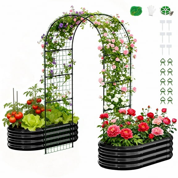 MOPHOTO 87inch Raised Garden Bed Arched Trellis Galvanized Planter Backyard Box Outdoor for Gardening,Climbing Vegetables,Plants,Flowers(Black-2pcs)