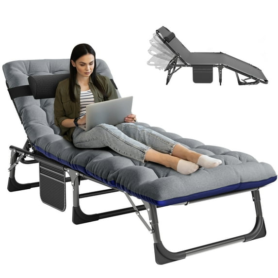 MOPHOTO Adjustable Position Camping Cot Support 440 bls, Outdoor Portable Lounge Chair Sleeping Cot, Adults Reclining Folding Chaise with Pillow, Folding Bed Perfect for Pool, Patio