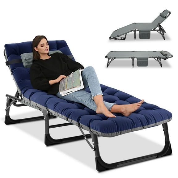 MOPHOTO Adjustable Position Camping Cot Support 440 bls, Outdoor Portable Lounge Chair Sleeping Cot, Adults Reclining Folding Chaise with Pillow, Folding Bed Perfect for Pool, Patio