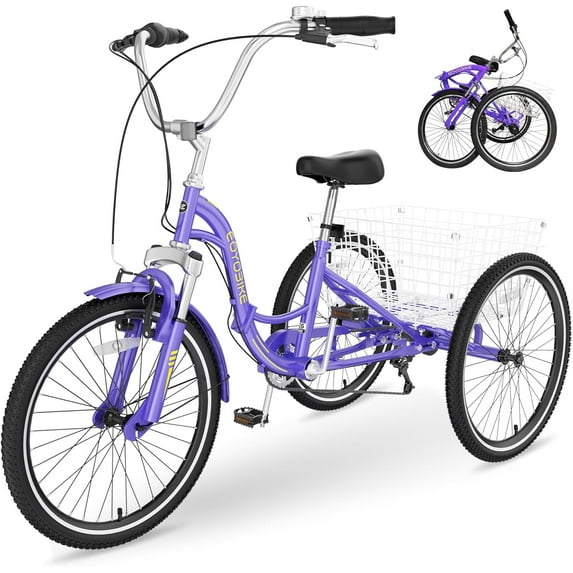 MOPHOTO Adult Folding Tricycles,7 Speed Folding Adult Trikes,26 Inch Purple 3 Wheel Bikes with Low Step-Through,Foldable Tricycle for Adults,Women,Men,Seniors