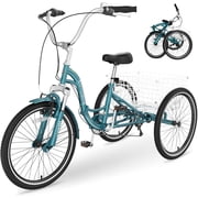 MOPHOTO Adult Folding Tricycles,7 Speed Folding Adult Trikes,20 Inch Sage Green 3 Wheel Bikes with Low Step-Through,Foldable Tricycle for Adults,Women,Men,Seniors