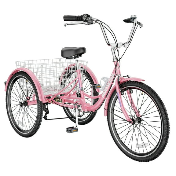 MOPHOTO Adult Tricycles 3 Wheel 7 Speed Trikes 24 inch Tire Cruiser Bike with Low Step Through Frame&Big Basket for Shopping, Picnics Exercise Men Women,Pink