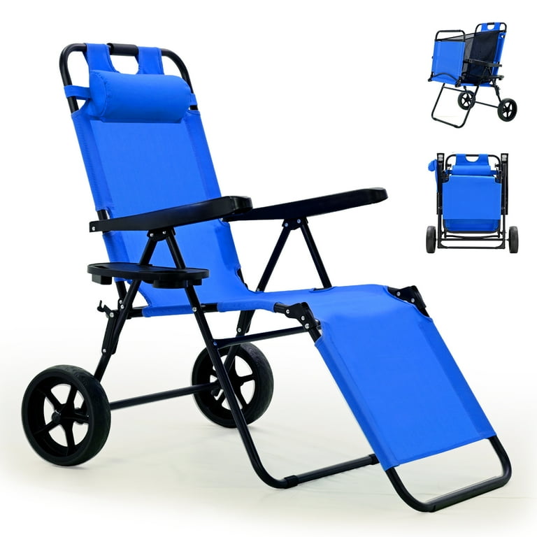 MOPHOTO Beach Chair Support 300bls 2 in 1 Beach Cart Chair with Large Wheels Outdoor Sunbathing Folding Beach Tanning Chair Sun Chair Perfect for