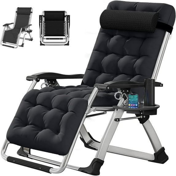 MOPHOTO Black Zero Gravity Chair Camping Recliner Lawn Recliner, Patio Lounger Chair, Outdoor Portable Chaise with Detachable Soft Cushion, Cup Holder, Headrest