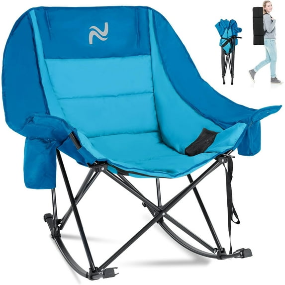 MOPHOTO Blue Oversized Rocking Camping Chair Support 400 lbs,Full Padded Patio Chair with Cup Holder,Side Pocket,Carry Bag,Portable Foldable Outdoor Rocker Chair for Camping Backyard(No heating)