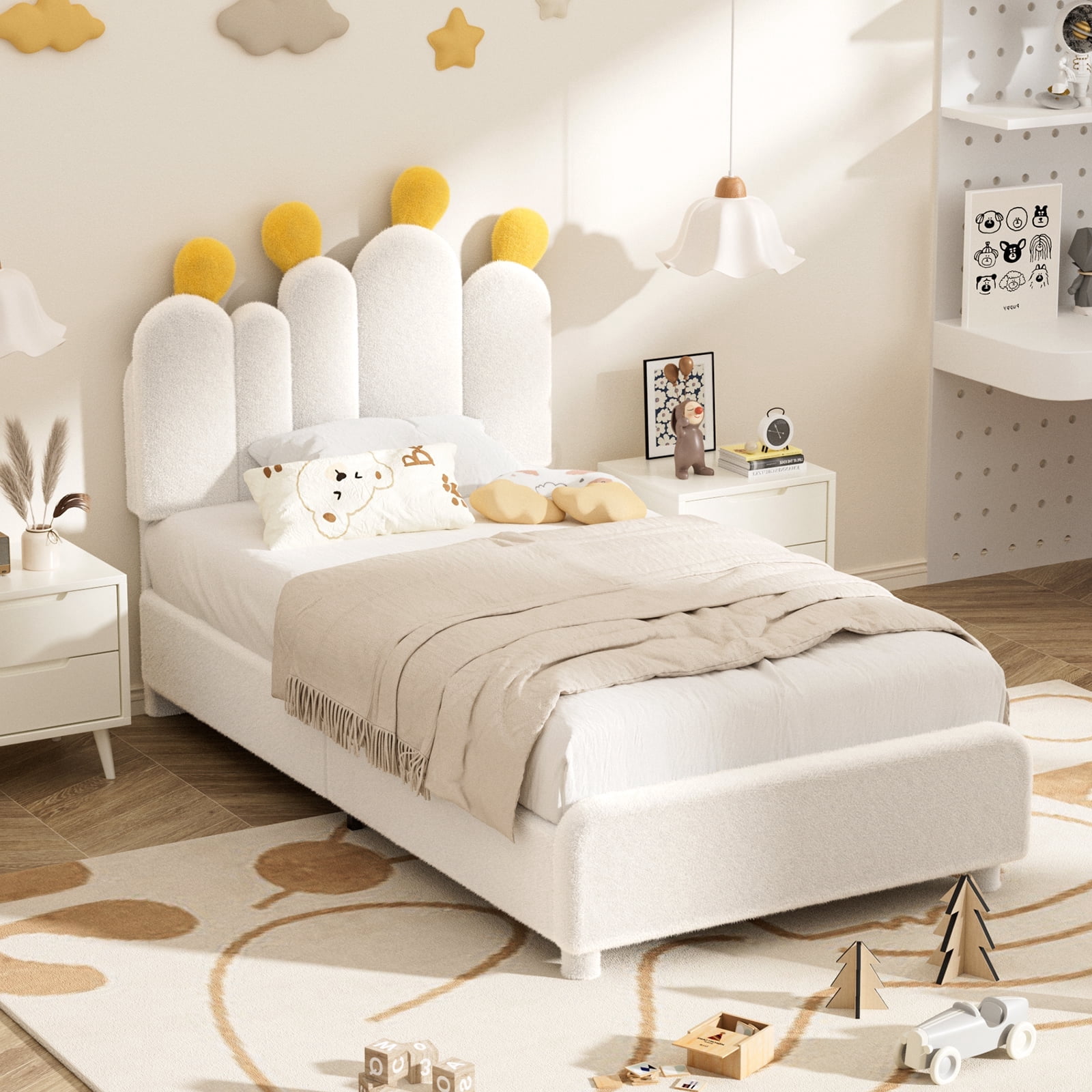 MOPHOTO Boucle bed frame Child Bed for Kids,Wood Upholstered Bed Frame with Adjustable Headboard,Standard Crib Size Toddler Bed,Certified Toddler Fabric Beds,Modern Platform Bed (White)