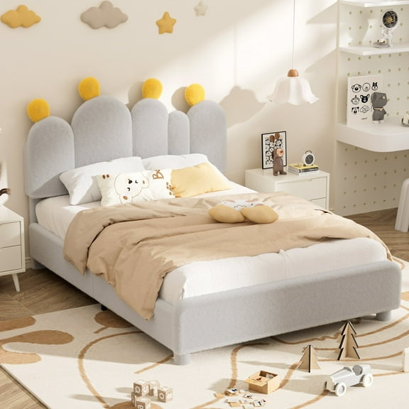 MOPHOTO Boucle bed frame Child Bed for Kids,Wood Upholstered Bed Frame with Adjustable Headboard,Standard Crib Size Toddler Bed,Certified Toddler Fabric Beds,Modern Platform Bed (Gray)