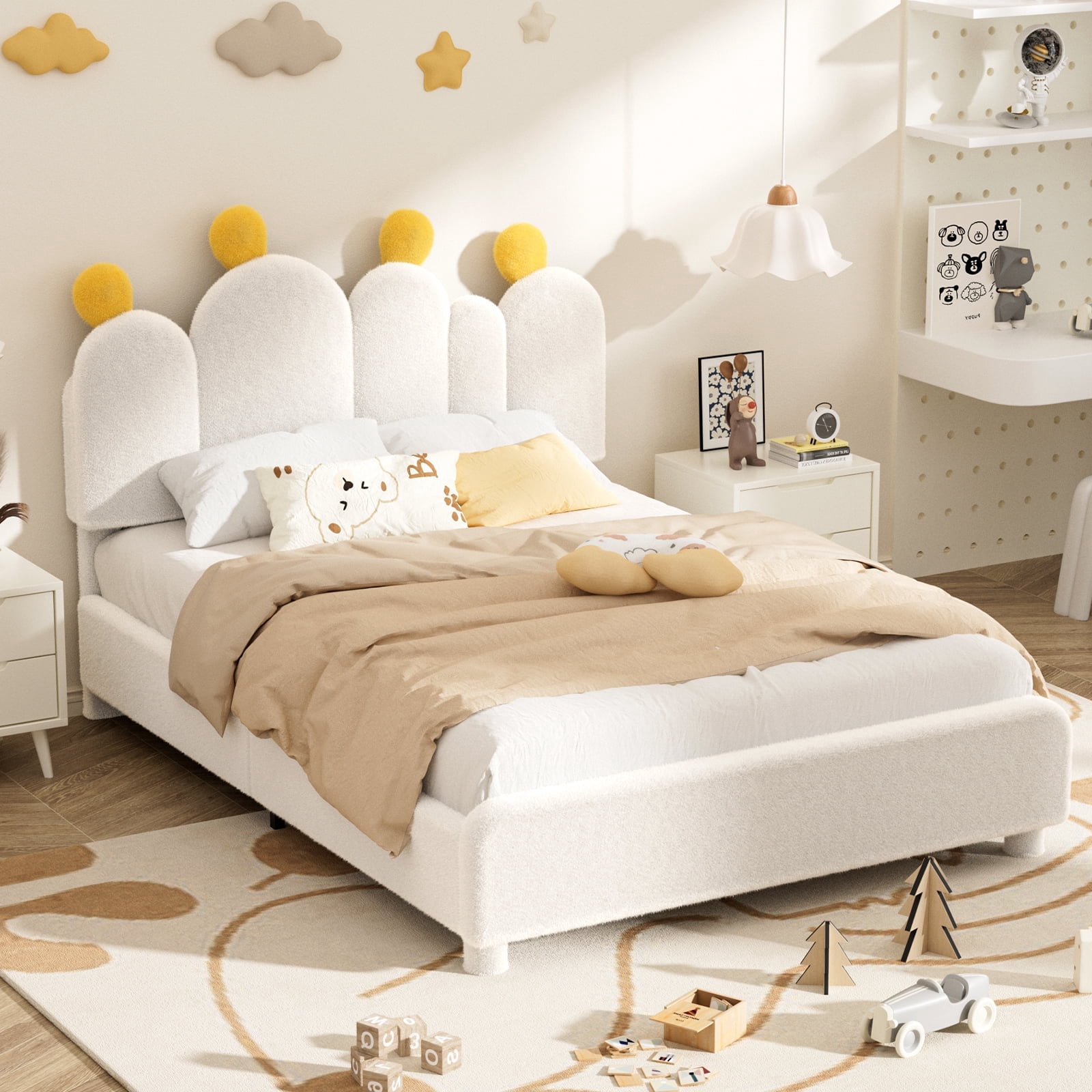 MOPHOTO Boucle bed frame Child Bed for Kids,Wood Upholstered Bed Frame ...