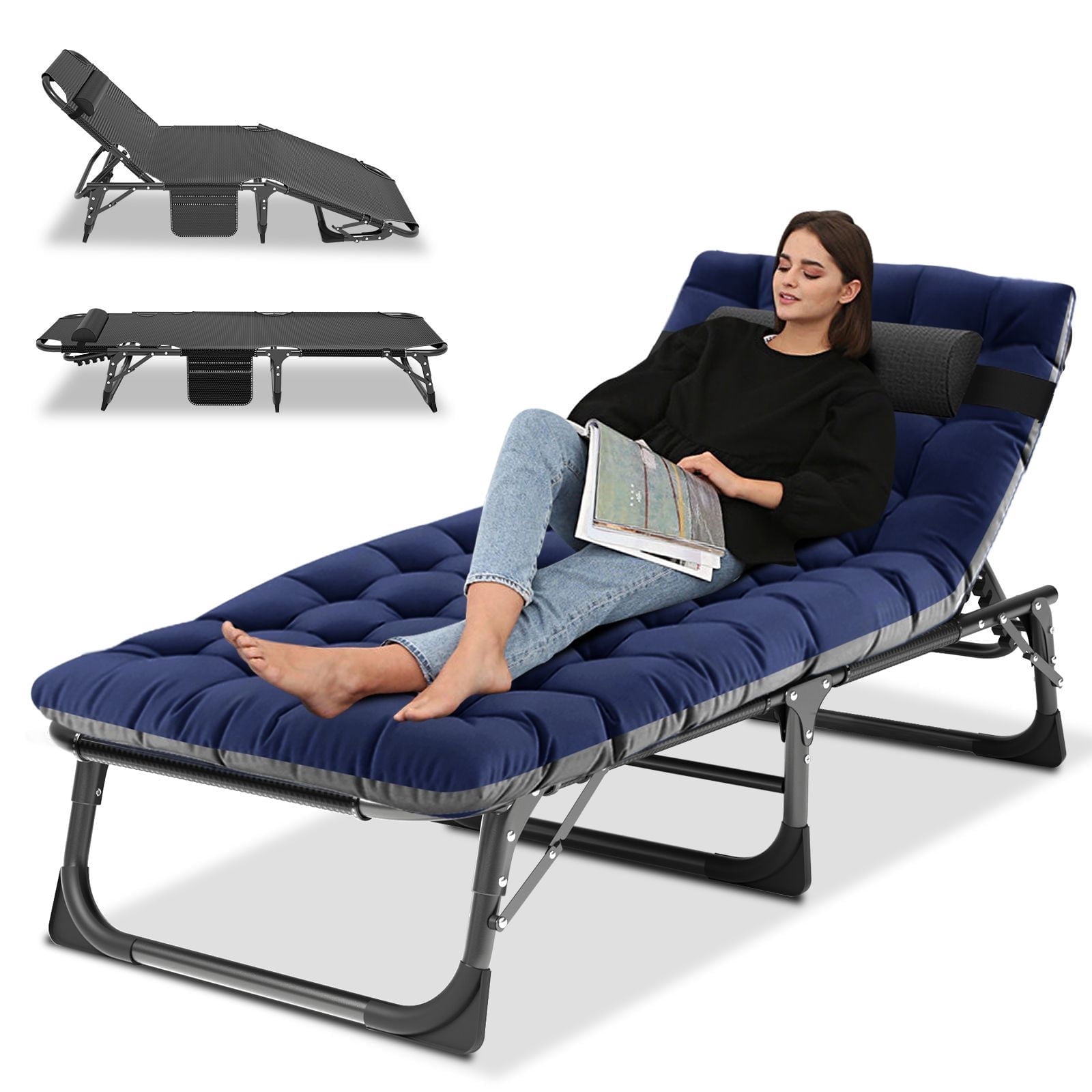 MOPHOTO Camping Cot With Mattress, Heavy Duty Sleeping Cot with Pillow, Cot Beds for Adult, 4-Position Adjustment Folding Bed, Outdoor Beds Lounger for Home, Pool, Beach, Patio