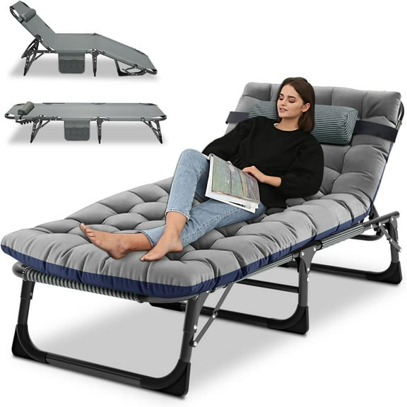 MOPHOTO Camping Cot With Mattress, Heavy Duty Sleeping Cot with Pillow, Cot Beds for Adult, 4-Position Adjustment Folding Bed, Outdoor Beds Lounger for Home, Pool, Beach, Patio