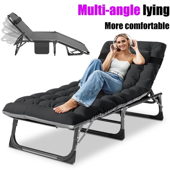 MOPHOTO Portable Folding Camping Cot, Adjustable 5-Position Adults Reclining Folding Chaise with Pillow, Outdoor Portable Folding Lounge Chair Sleeping Cots Bed for Camping, Pool, Beach, Patio