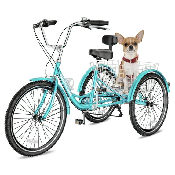 MOPHOTO Cruiser Tricycle for Adults with Backrest Saddle, 24" Wheels, 7 Speed Adult Tricycle for Shopping & Outing,3 Wheel Bike,Cyan