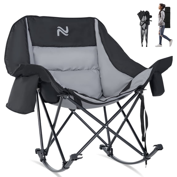 MOPHOTO Black Oversized Rocking Camping Chair Support 400 lbs, Full Padded Patio Chair with Cup Holder, Side Pocket and Carry Bag, Portable Foldable Outdoor Rocker Chair for Camping, Backyard