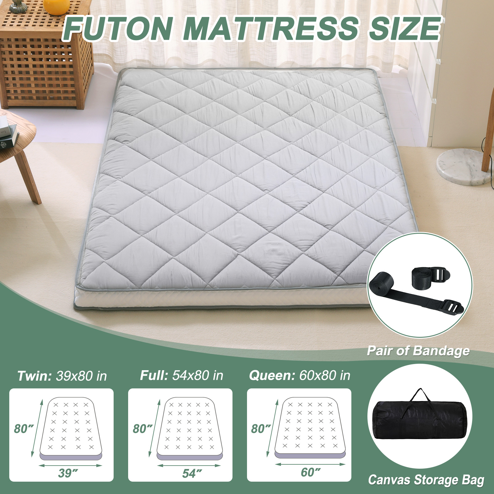 NAIZEA Japanese Floor Mattress - Foldable Futon Pad - Full, Queen, Or Twin Size