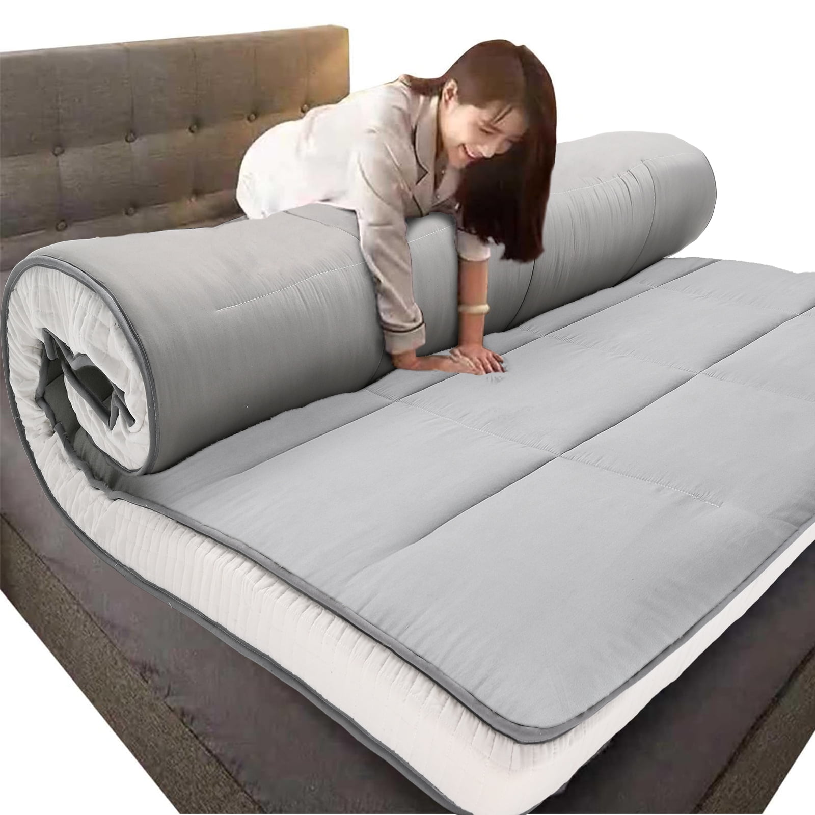 MOPHOTO Gray Floor Mattress with Storage Bag Japanese Futon Mattress Extra Thick Folding Sleeping Pad Futon Mattress Portable Camping Mattress, Queen