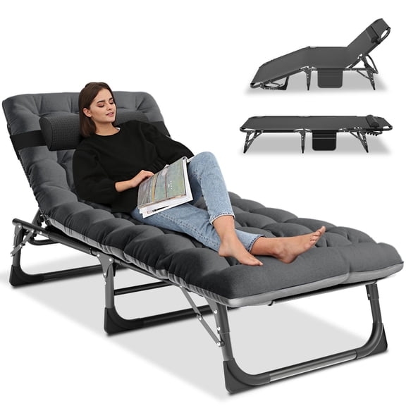 MOPHOTO Folding Camping Cot, Adjustable 4-Position Adults Reclining Folding Chaise with Pillow & Mattress,Portable Folding Lounge Chair,Patio Lounge Chairs with Cushion