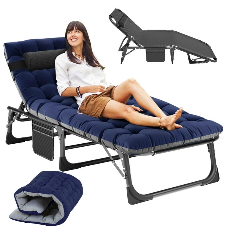 MOPHOTO Folding Camping Cot Adjustable 4 Position Adults Reclining Folding Chaise with Pillow Mattress Portable Folding Lounge Chair Patio Lounge