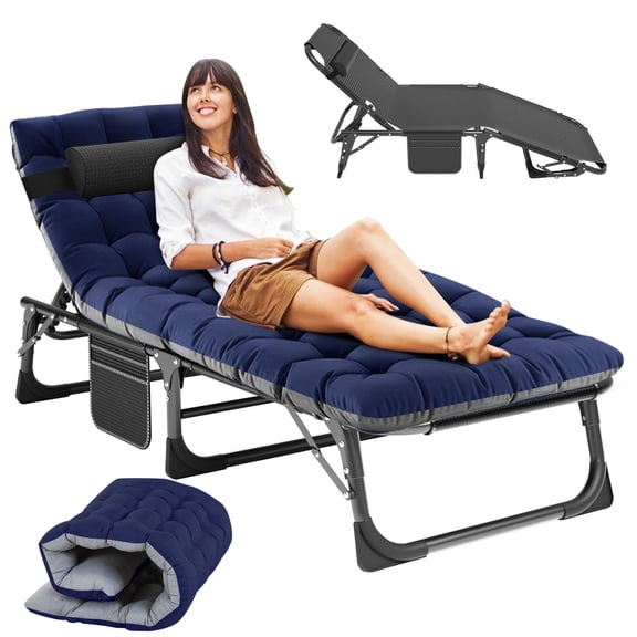 MOPHOTO Folding Camping Cot, Adjustable 4-Position Adults Reclining Folding Chaise with Pillow & Mattress,Portable Folding Lounge Chair,Patio Lounge Chairs with Cushion