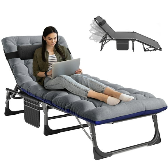 MOPHOTO Folding Camping Cot, Adjustable 4-Position Adults Reclining Folding Chaise with Pillow & Mattress,Portable Folding Lounge Chair，Patio Lounge Chairs with Cushion