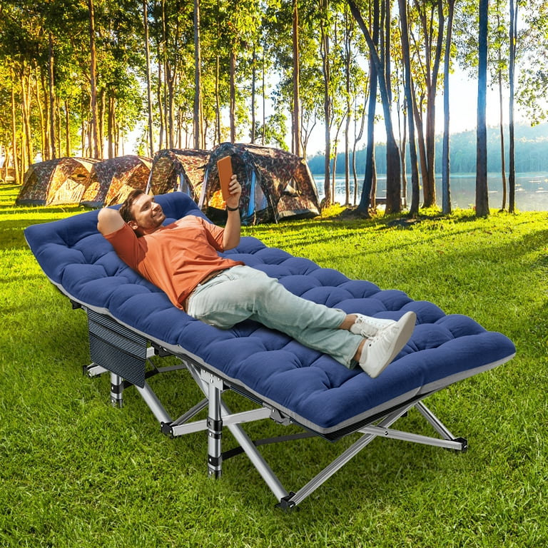 Mophoto XL Folding Camping Cots Adults Updated Folding Cots Portable Heavy Duty Sleeping Beds with Carrying Bag Gray Blue Cot Blue Pad