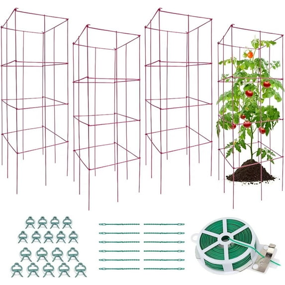 MOPHOTO Folding Tomato Cage, 4 Packs Heavy Duty Metal Square Tomato Cages PVC-Coated Steel Garden Plant Support Stake Tower with Plastic Ties, Clamps for Climbing Vegetables, Plants, Flowers