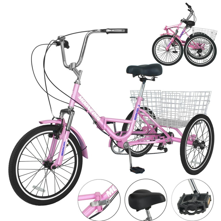 MOPHOTO Folding Tricycle 7 Speed Adult Tricycle 24 inch Foldable 3 Wheels Cruiser Bike Carbon Steel Frame Pink for Men Women