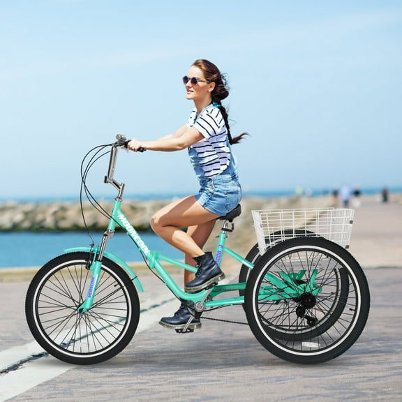 MOPHOTO Folding Tricycle 7-Speed Adult Tricycle, 26" Foldable 3-Wheels Cruiser Bike, Carbon Steel Frame, Cyan for Men & Women