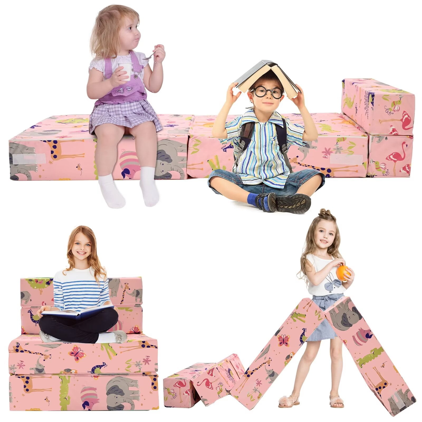 2-in-1 Kids Fold Out Couch - Toddler Convertible Sofa To Lounger, Flannel Cover, No Assembly Needed