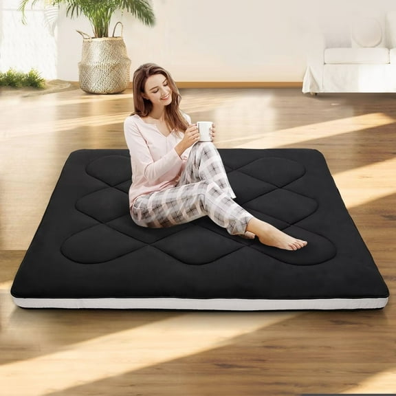 MOPHOTO Futon Mattress Japanese Floor Mattress, 3.5'' Tatami Mat Sleeping Pad Foldable Roll Up Mattress Boys Girls Dormitory Mattress Pad Floor Lounger Pillow Bed, Black, Twin Size