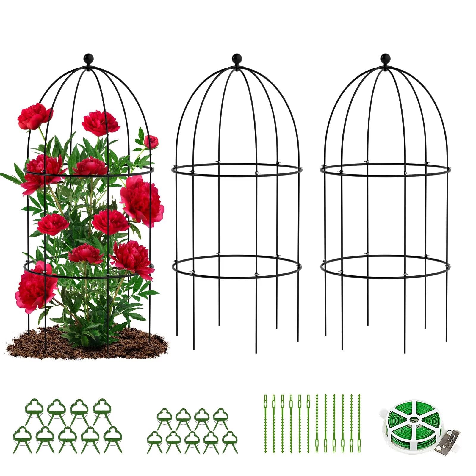 MOPHOTO Garden Trellis for Climbing Plants Outdoor, Tomato Cage Metal Obelisk Trellis Plant Trellis for Potted Plant, Flower Trellises Plant Cages Peony Cages Plant Support (Black, 3 Pack)