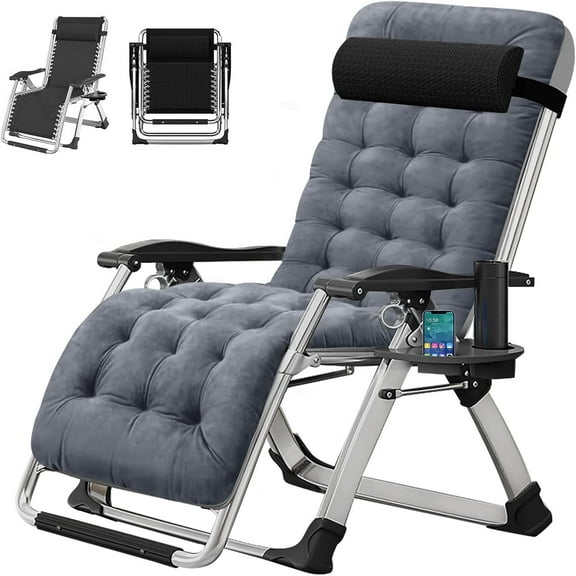 MOPHOTO Grey Zero Gravity Chair Camping Recliner Lawn Recliner, Patio Lounger Chair, Outdoor Portable Chaise with Detachable Soft Cushion, Cup Holder, Headrest