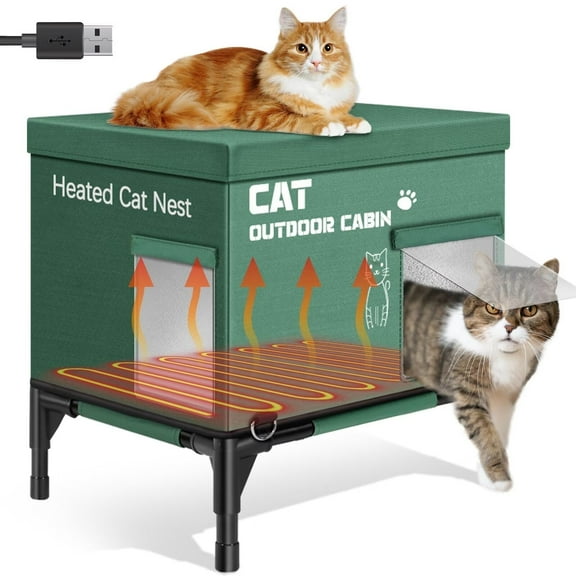 MOPHOTO Heated Cat House,USB 3-Level Adjustable Heating and 2 Escape Doors, Water-Resistant & Weatherproof Cat Shelter for Winter Indoor & Outdoor,Green (16.5L*12.6W*15.7H)