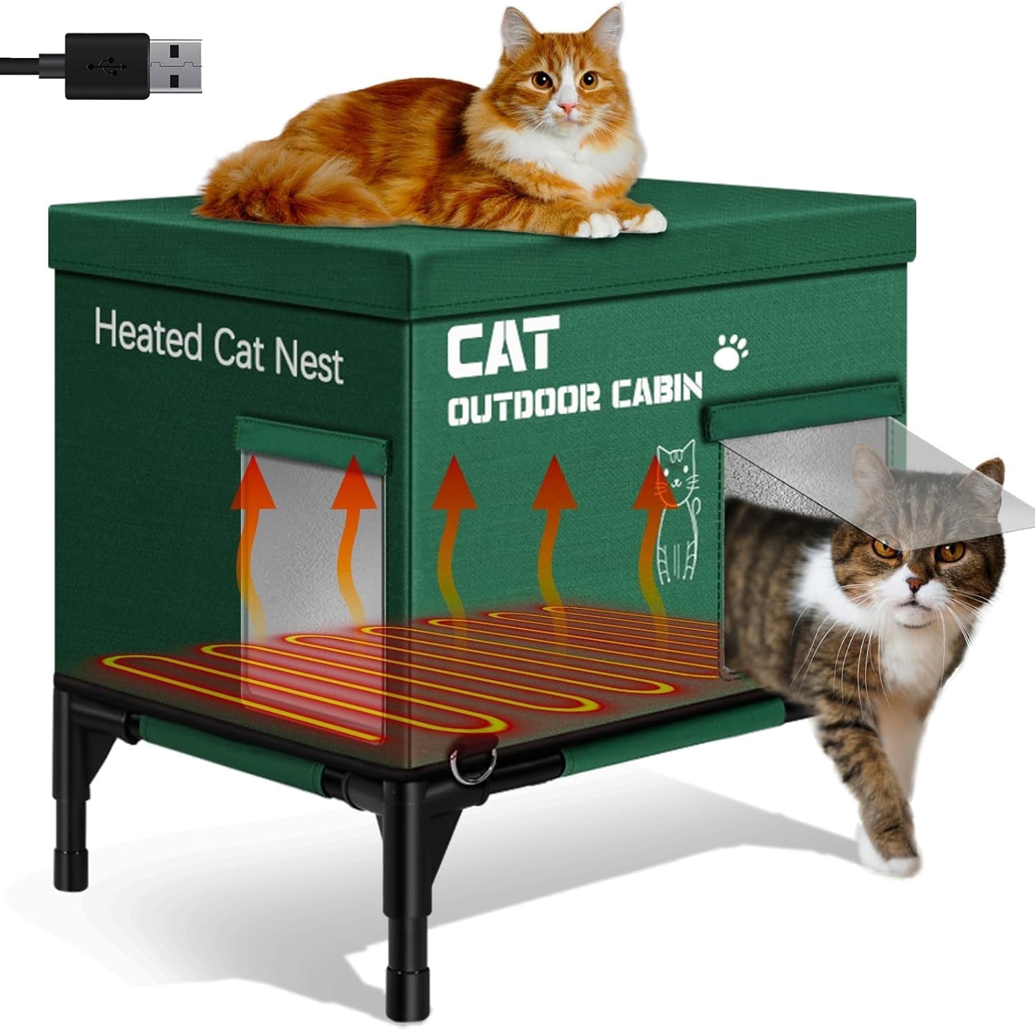 MOPHOTO Heated Cat House,USB 3-Level Adjustable Heating and 2 Escape ...
