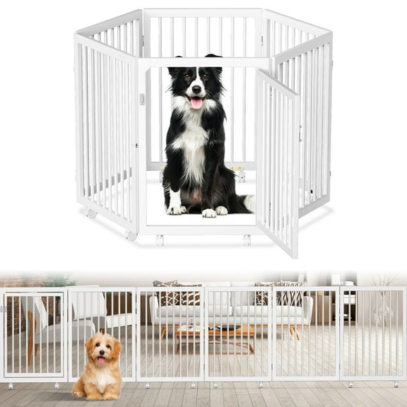 MOPHOTO Heavy Duty Metal Dog Playpen with Door, 6-Panel Portable Exercise Fence, 2 Wooden Bottom Boards, 30" High, Indoor/Outdoor Use, Dog Pen for Large/Medium/Small Dogs