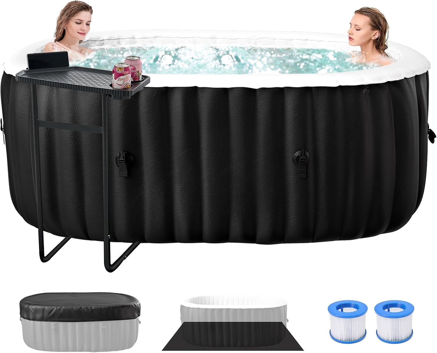 MOPHOTO 1-2 Person Inflatable Hot Tub, Portable Oval Blow Up Hot Tub with 100 Bubble Jets, Outdoor Spa Set Included Heater Pump, Filter and Side Table(75"*47"*25")