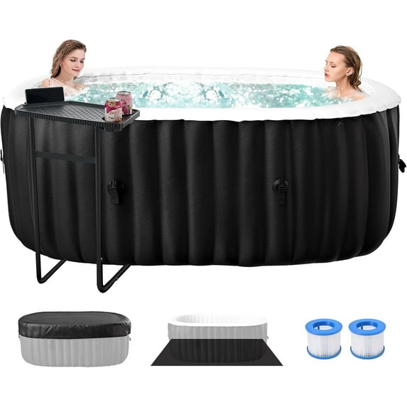 MOPHOTO 1-2 Person Inflatable Hot Tub, Portable Oval Blow Up Hot Tub with 100 Bubble Jets, Outdoor Spa Set Included Heater Pump, Filter and Side Table(75"*47"*25")