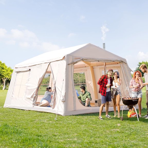 MOPHOTO 6-8 Person Inflatable Tents for Camping, Blow Up Tent with Hand Pump, Easy Setup Inflatable Hot Tent with Stove Jack, Waterproof Oxford Air Glamping Tents for Camping Adult