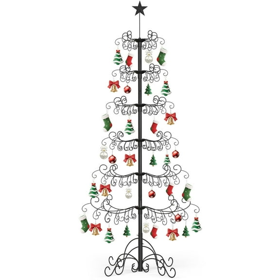 MOPHOTO Metal christmas trees 6-Tire tree ornaments display Iron Christmas Display Stands Ornament with Wire Hanging Hooks Christmas Balls Bauble Decor Christmas Gift for home Yard(Black)
