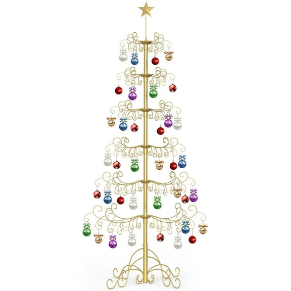 MOPHOTO Metal christmas trees 6-Tire tree ornaments display Iron Christmas Display Stands Ornament with Wire Hanging Hooks Christmas Balls Bauble Decor Christmas Gift for home Yard(Gold)