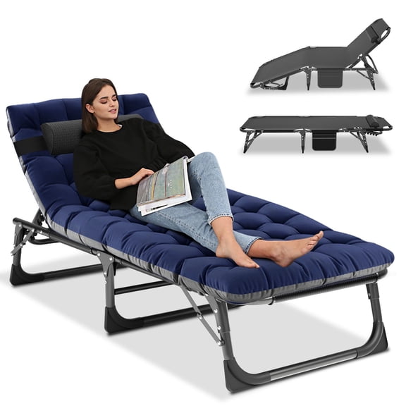 MOPHOTO Lounge Chair with Mattress, Outdoor Chaise Lounge Support 440 Lbs, Adjustable Portable Heavy Duty Sleeping Cots Bed for Camping, Pool, Beach, Patio