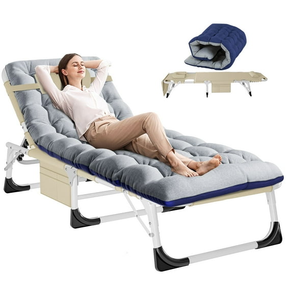 MOPHOTO Lounge Chair with Mattress, Outdoor Chaise Lounge Support 440 Lbs, Adjustable Portable Heavy Duty Sleeping Cots Bed for Camping, Pool, Beach, Patio