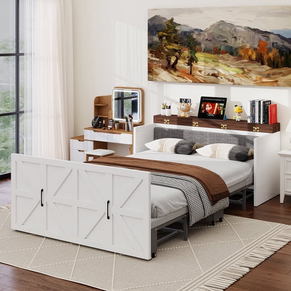 MOPHOTO Murphy Cabinet Bed with 2-Inch Mattress,Full Size Folding Cabinet Bed with Wheels,Space Saving Guest Bed, Sturdy Steel Frame,650lbs Capacity