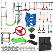 MOPHOTO Outdoor Ninja Warrior Obstacle Course for Kids, 60FT Durable Ninja Slackline Kit with Complete Accessories,Playset Equipment with Swing, Climbing Net, Ladder & Monkey Bars (10 Obstacles)