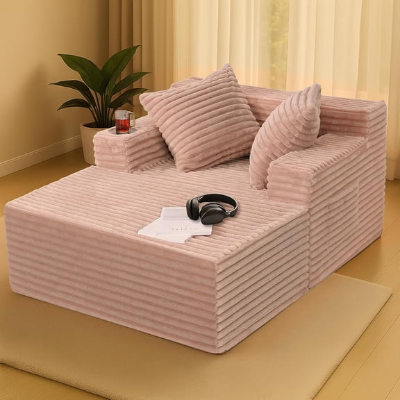 MOPHOTO Oversized Chaise Lounge Chair Indoor with Throw Pillows, Upholstered Sofa Bed, Sleeper Couch Reading Chairs Fluffy Plush Faux Fur Cloud Comfy Couches Sofa Beds for Living Room Bedroom, Beige