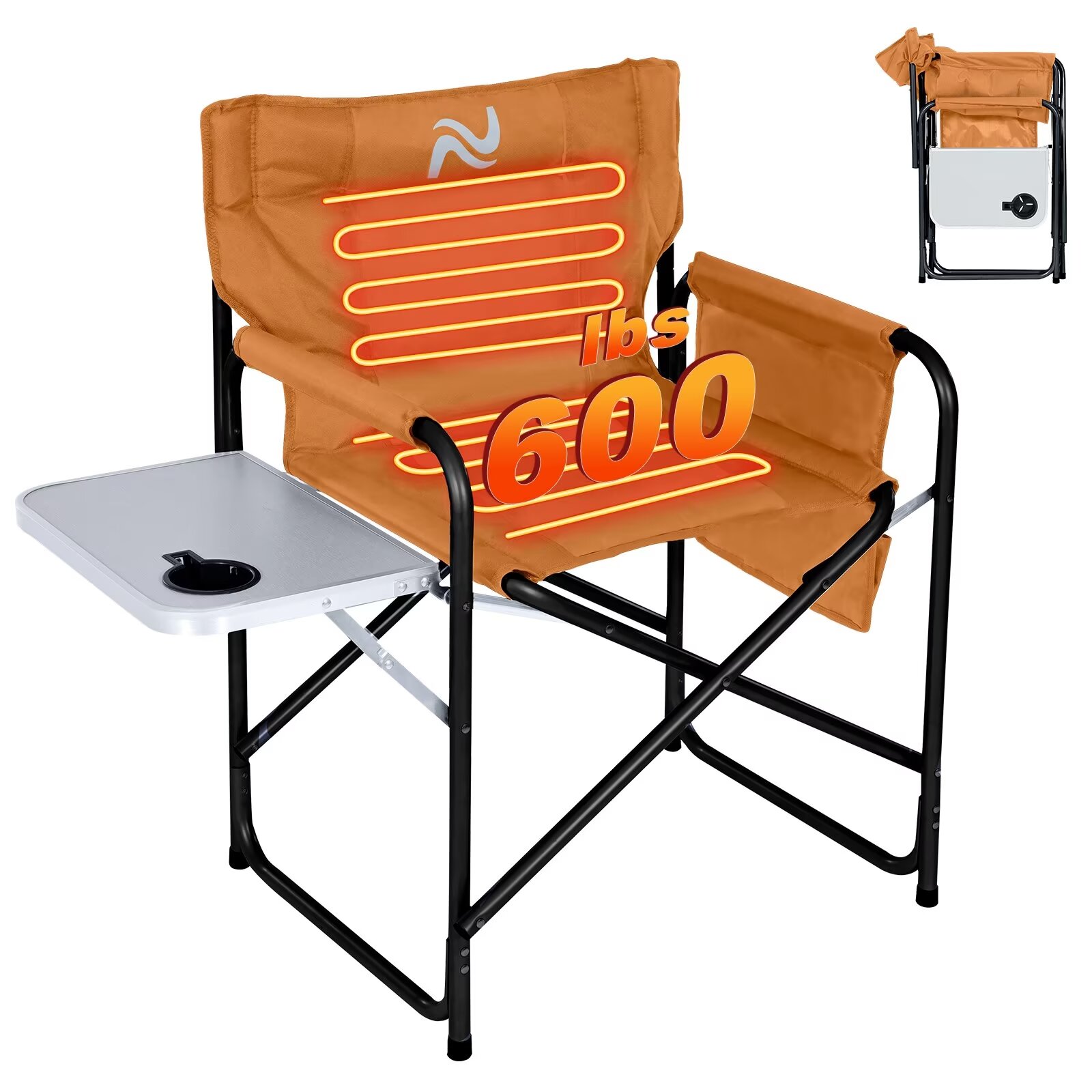 MOPHOTO Oversized Directors Chair Support 550lbs - Heated Camping Chair, Portable Folding Chairs for Adults Heavy Duty with Side Table, Cup Holder and Storage Bag for Outdoor